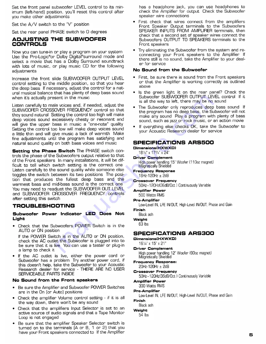 Acoustic Research ARS500 Hi-Res Series Owner'S Manual Download Page 5