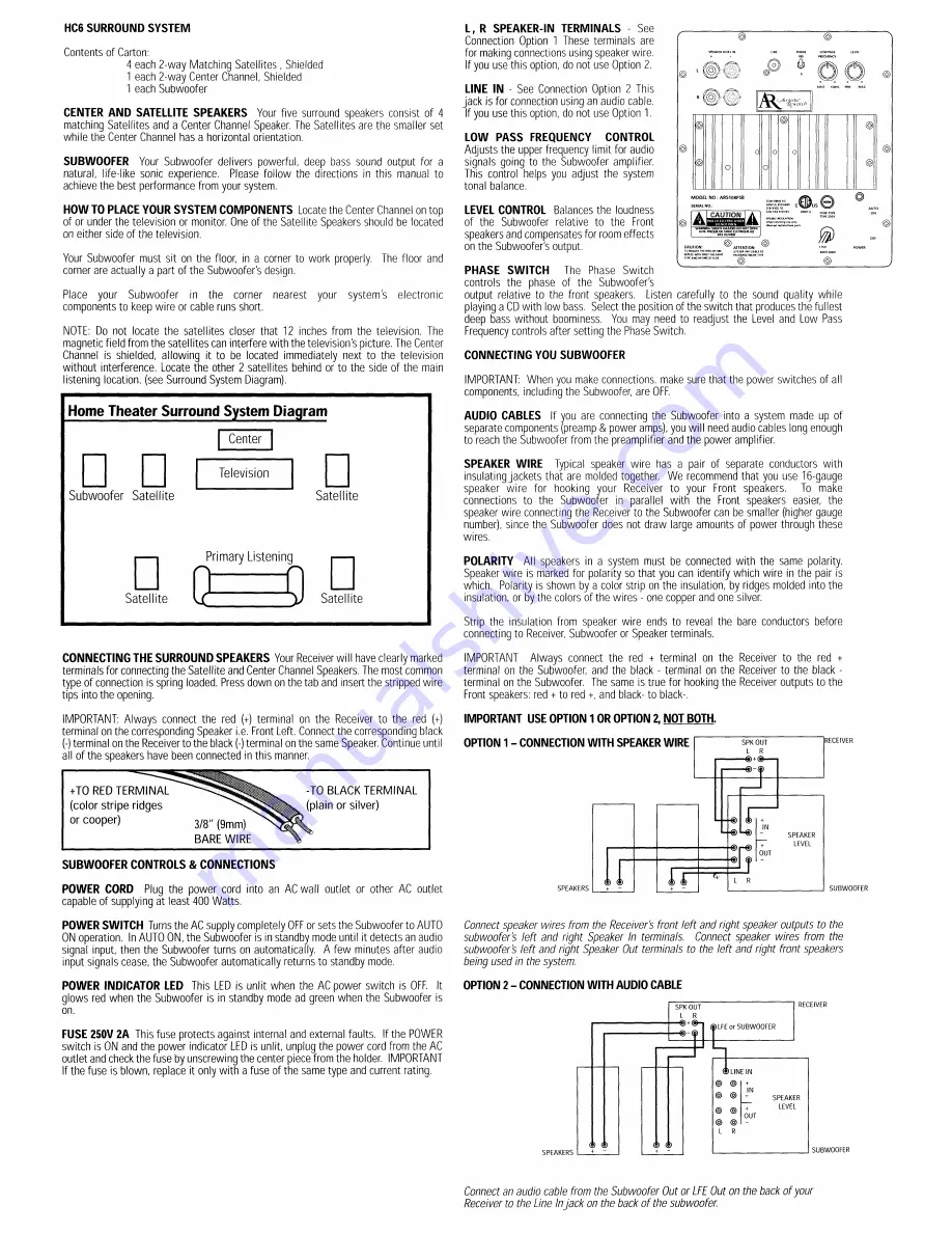 Acoustic Research HC6 Owner'S Manual Download Page 2