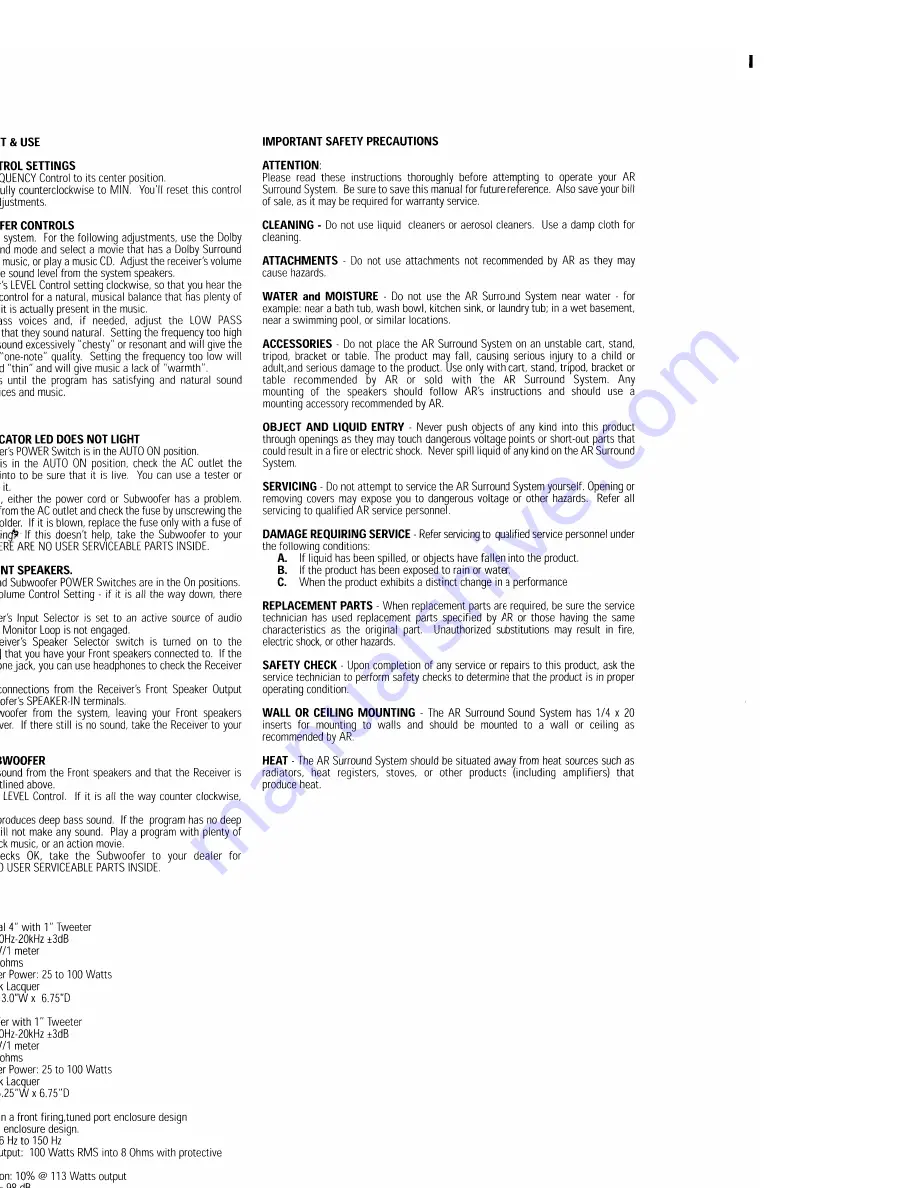 Acoustic Research HC6 Owner'S Manual Download Page 3