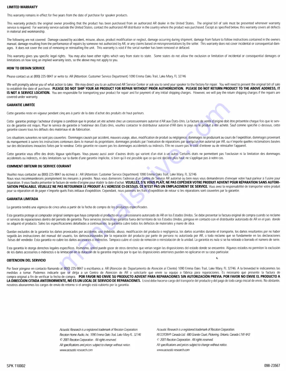 Acoustic Research HC6 Owner'S Manual Download Page 4