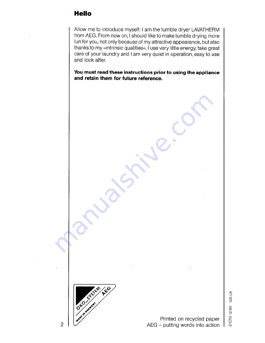 AEG lavatherm 540 microcomputer Operating Instructions Manual Download Page 2