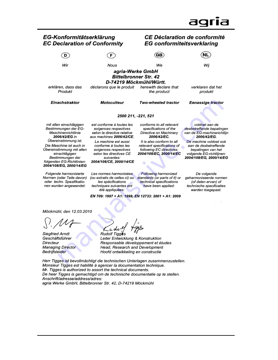 Agria 2500 Hydro Operating Instructions Manual Download Page 69