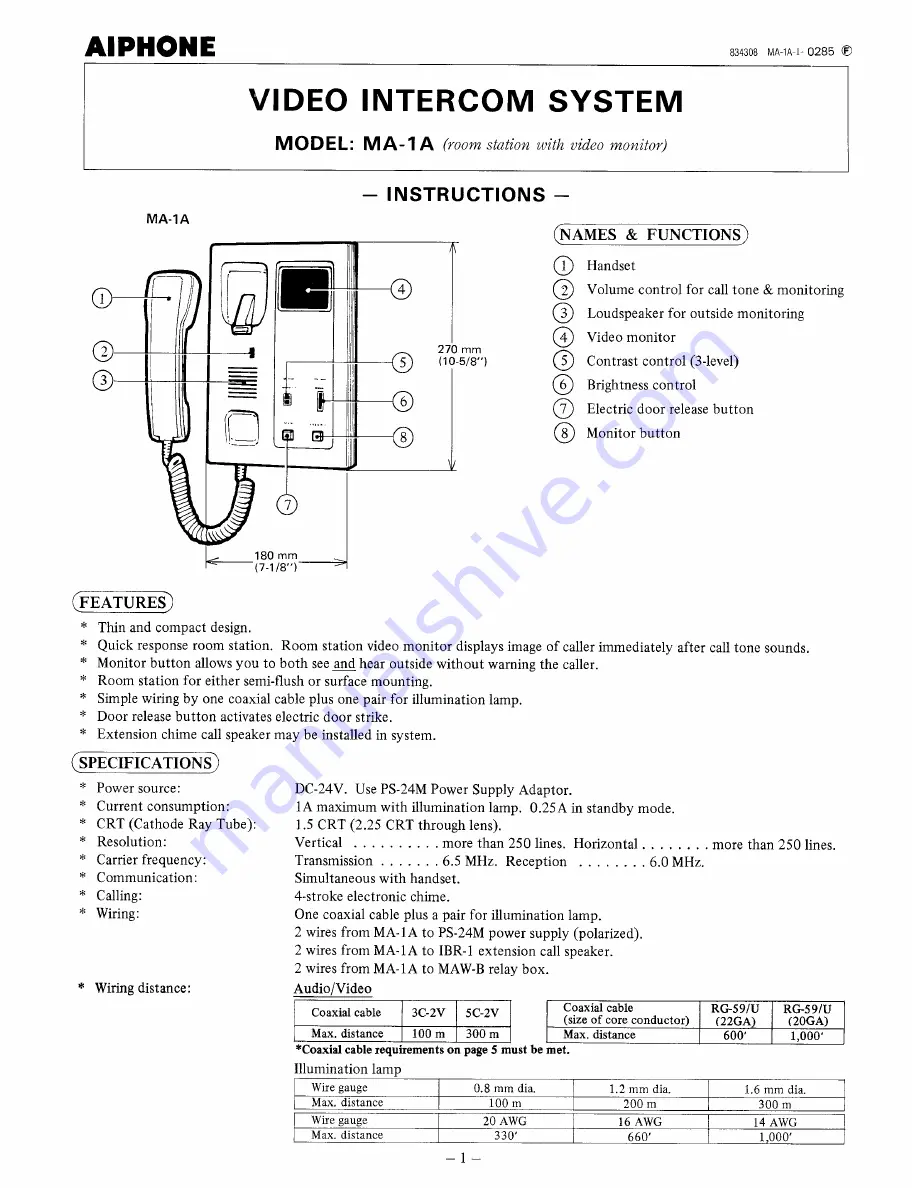 Aiphone MA-1A Instructions Manual Download Page 1