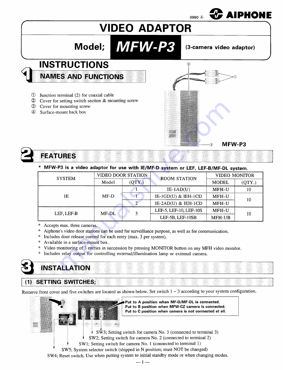 Aiphone MFW-P3 Instructions Manual Download Page 1