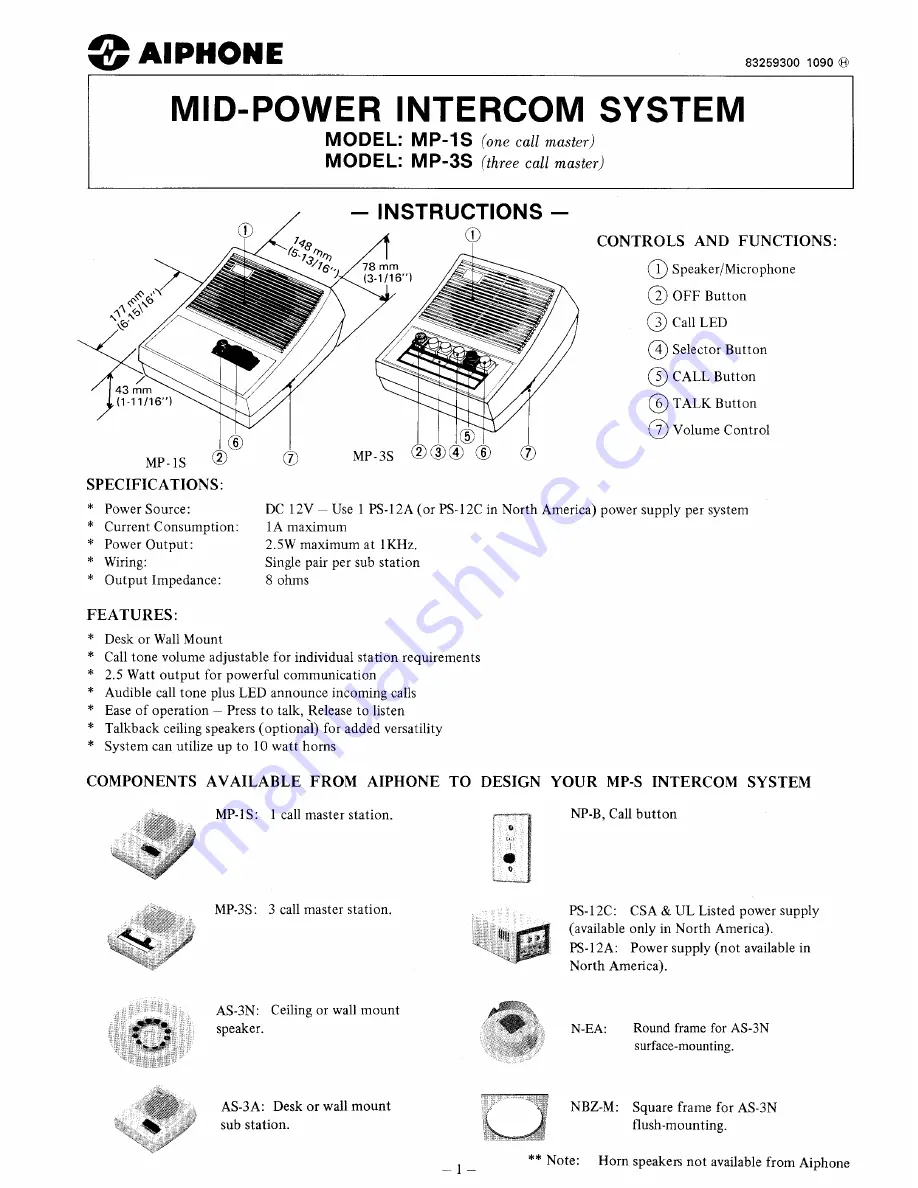 Aiphone MID-POWER MP-1S Скачать руководство пользователя страница 1