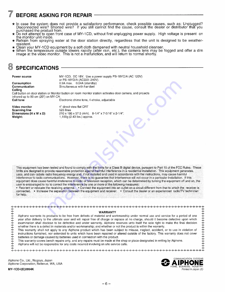 Aiphone MY-1CD Installation & Operation Manual Download Page 6