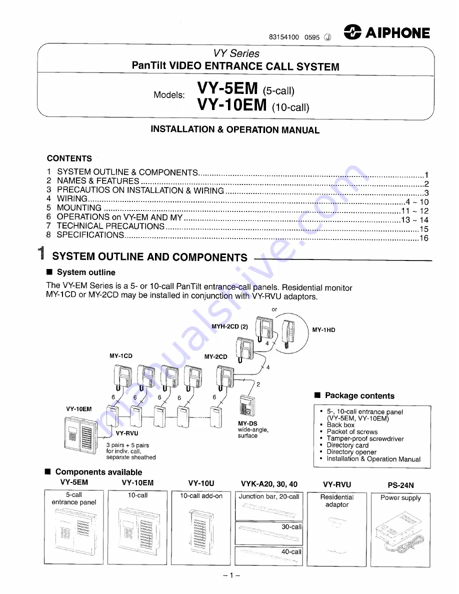 Aiphone VY-10EM Installation & Operation Manual Download Page 1