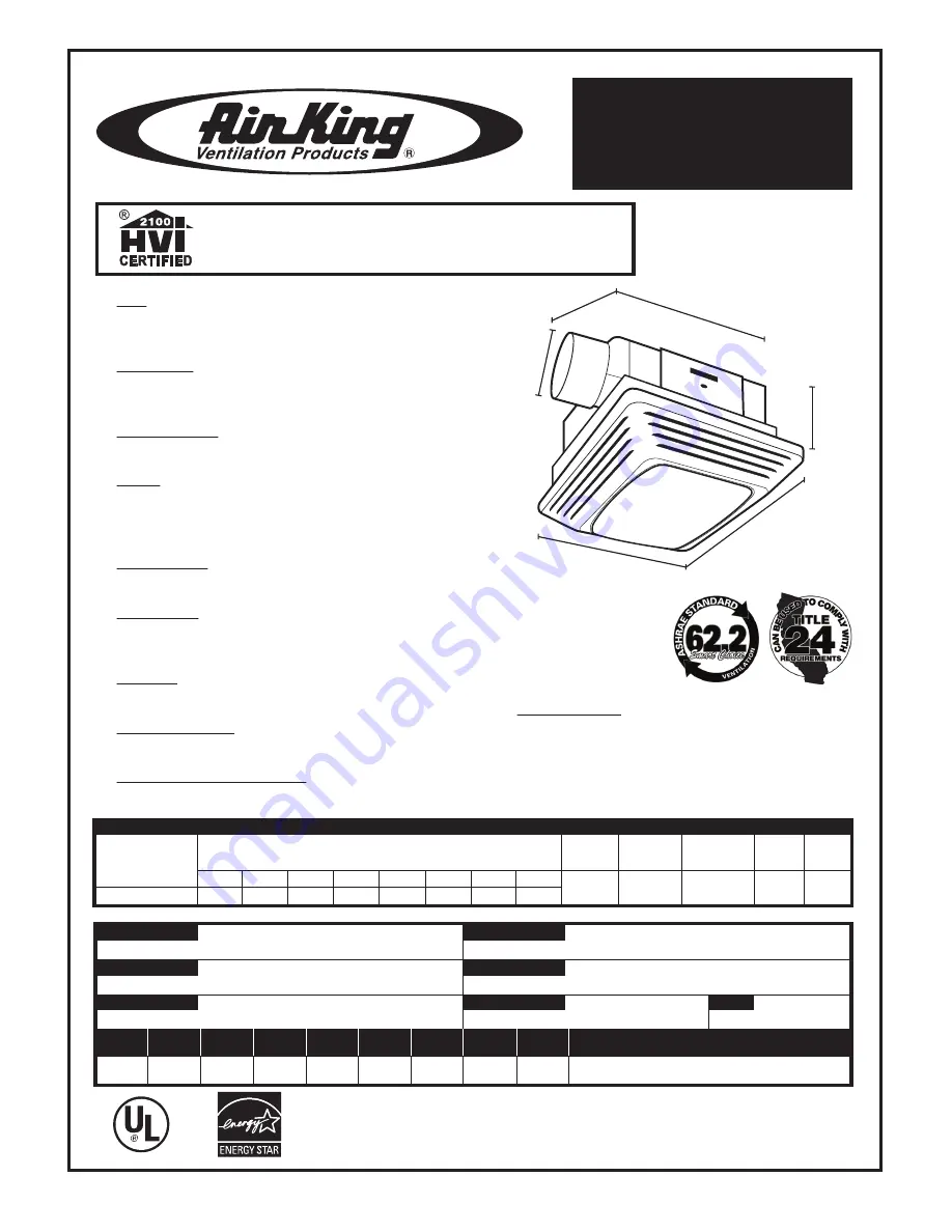 Air King BFQF70 Specifications Download Page 1