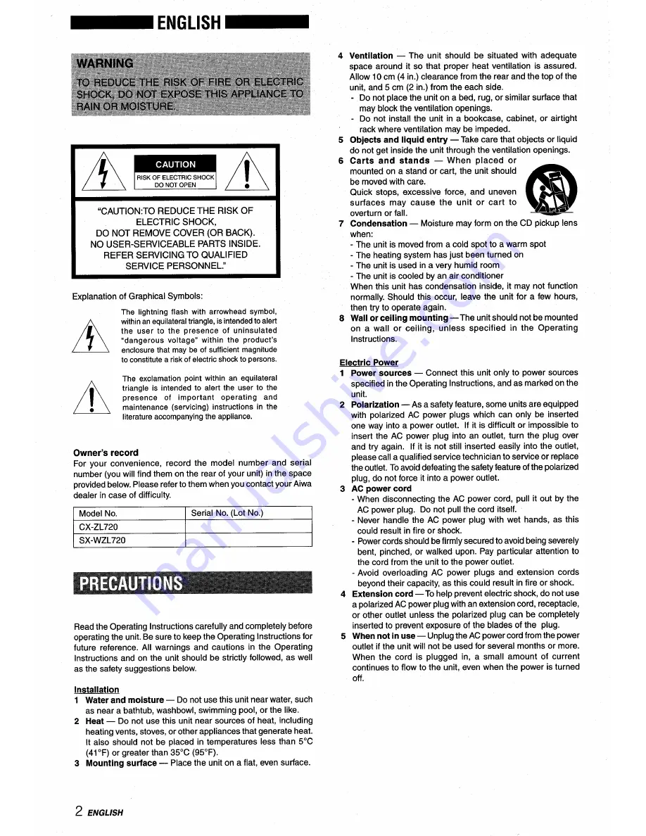 Aiwa CX-ZL720 Operating Instructions Manual Download Page 2