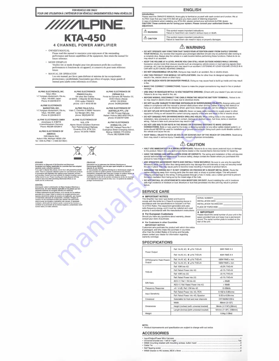 Alpine KTA-450 Owner'S Manual Download Page 1