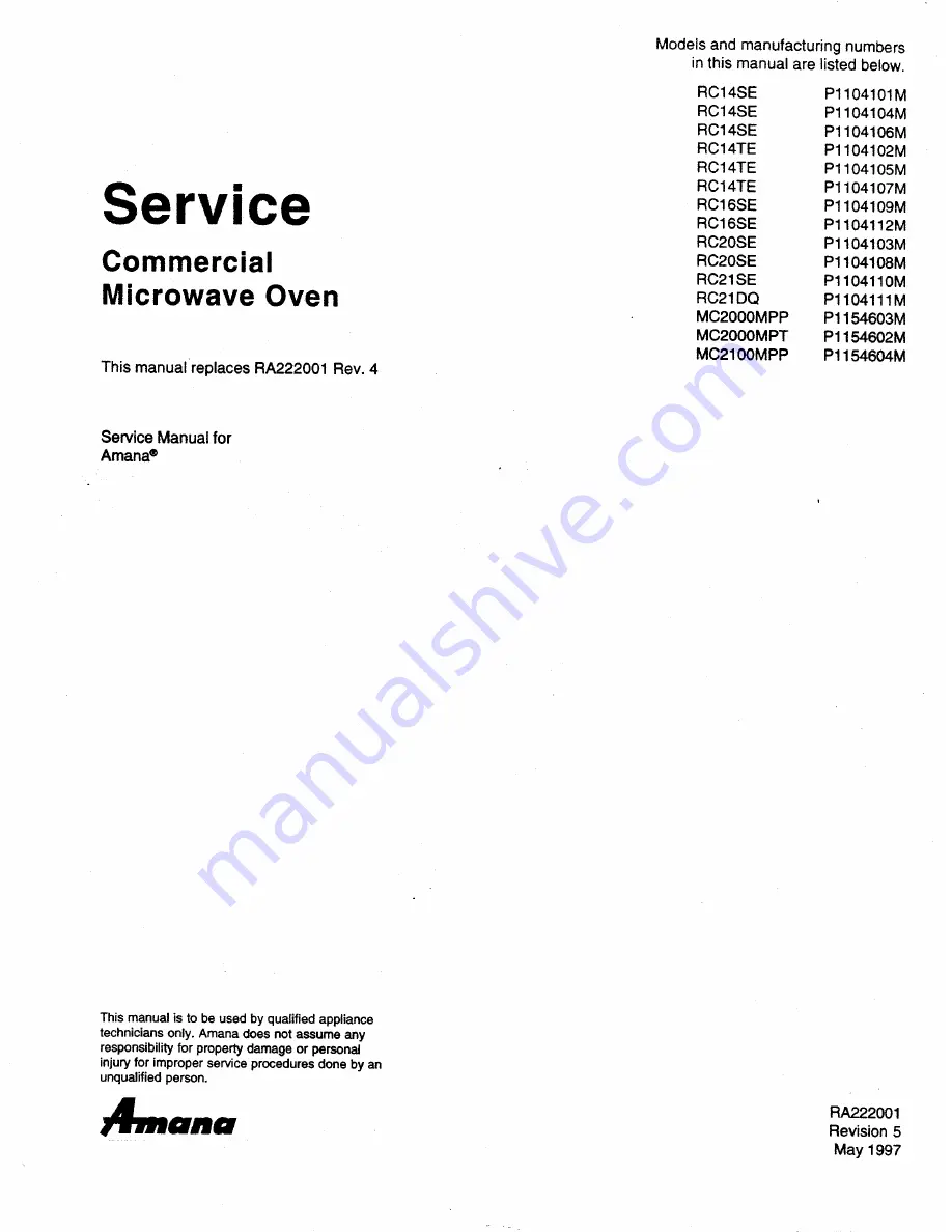 Amana MC2000MPP Service Manual Download Page 1