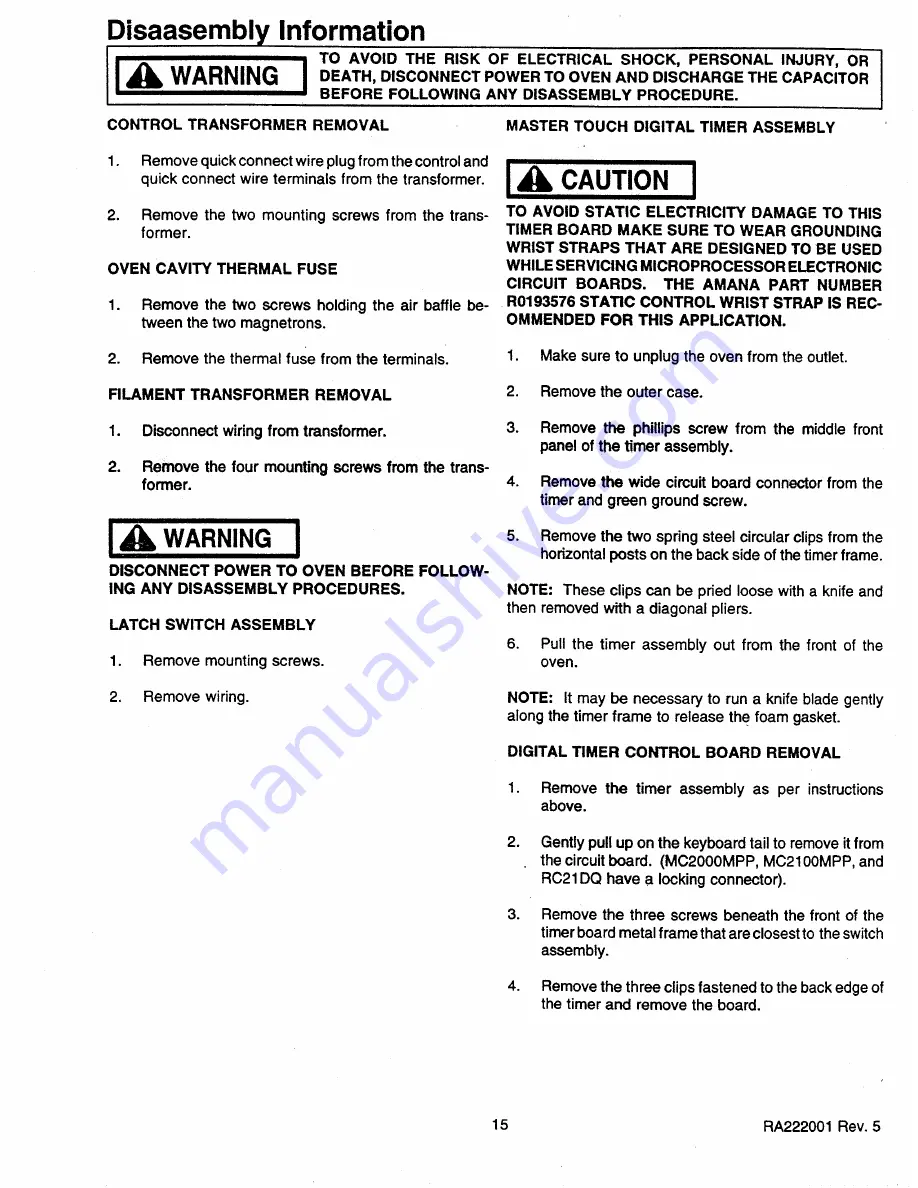 Amana MC2000MPP Service Manual Download Page 15