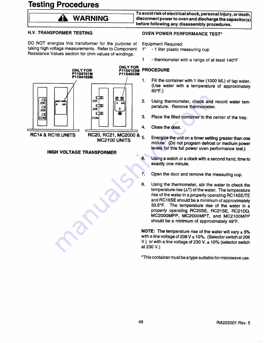 Amana MC2000MPP Service Manual Download Page 49