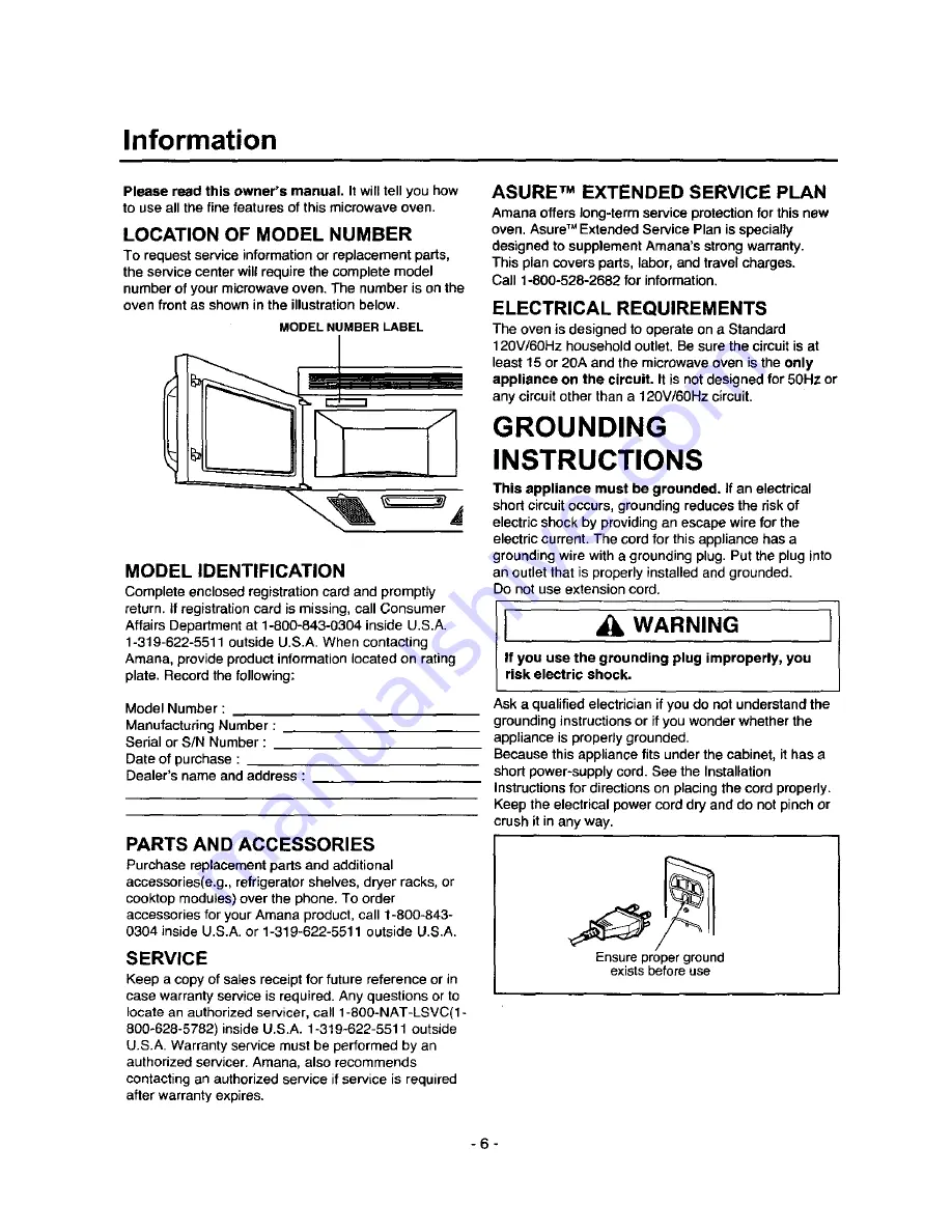 Amana MVH250E Owner'S Manual Download Page 6