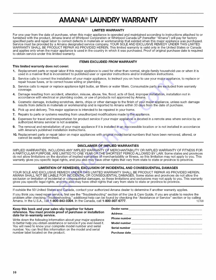 Amana NED7300WW0 Use & Care Manual Download Page 10