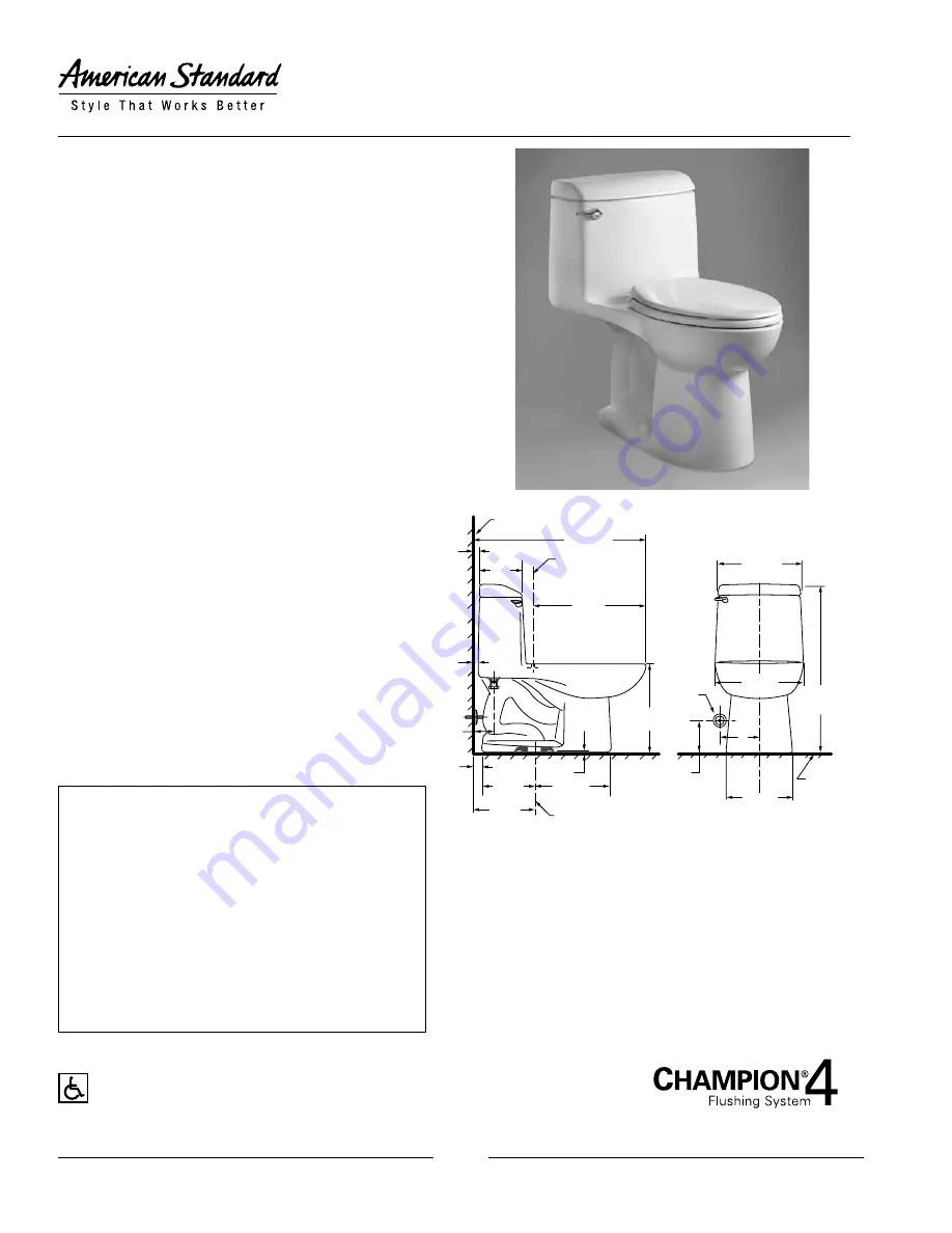 American Standard Champion 4 Elongated Right Height One-Piece Toilet 2034.014 Specification Sheet Download Page 1