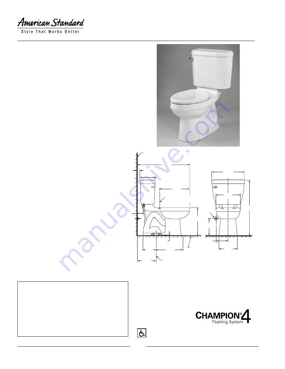 American Standard Doral Classic Champion 2058.014 Specification Sheet Download Page 1