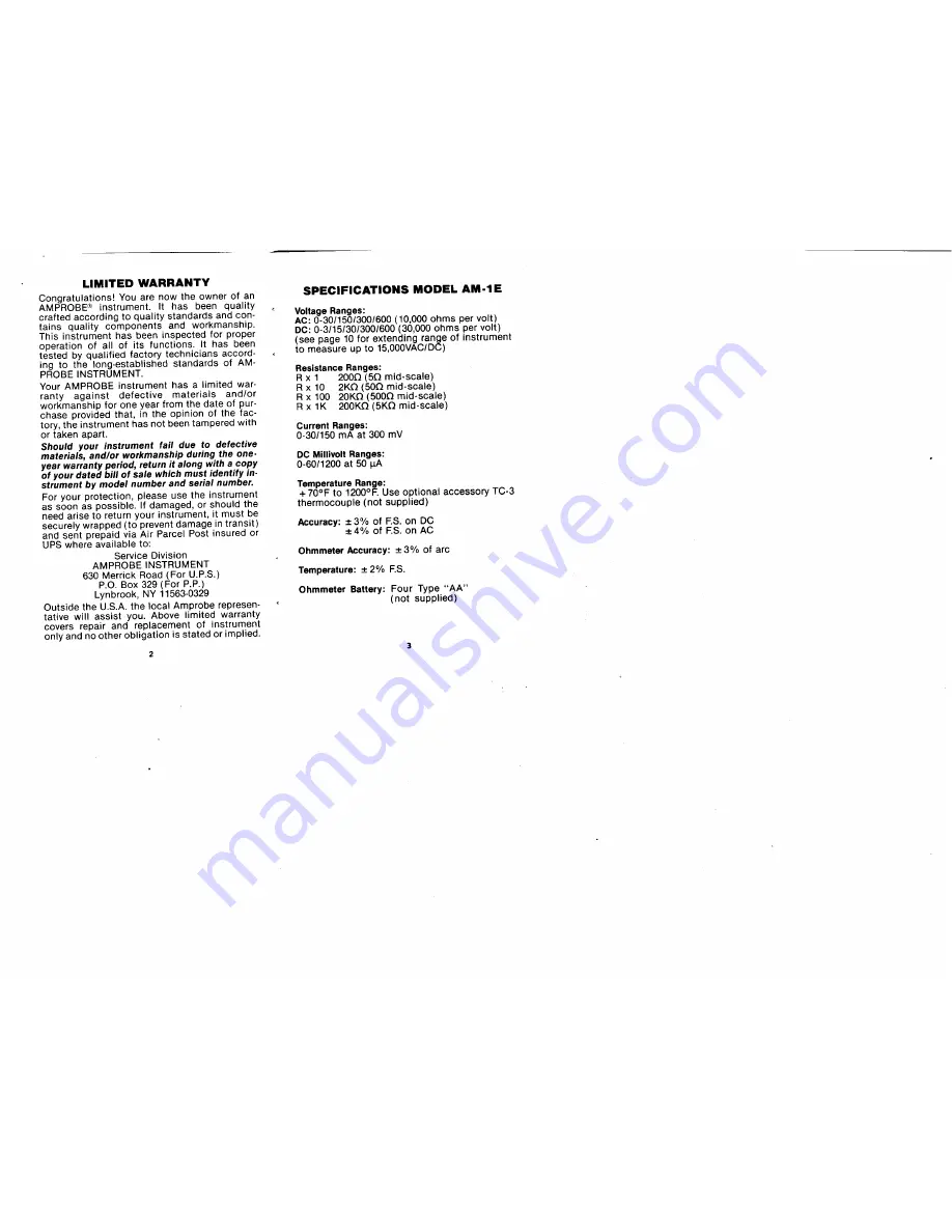 Amprobe AM-1E Operating Instructions Manual Download Page 2