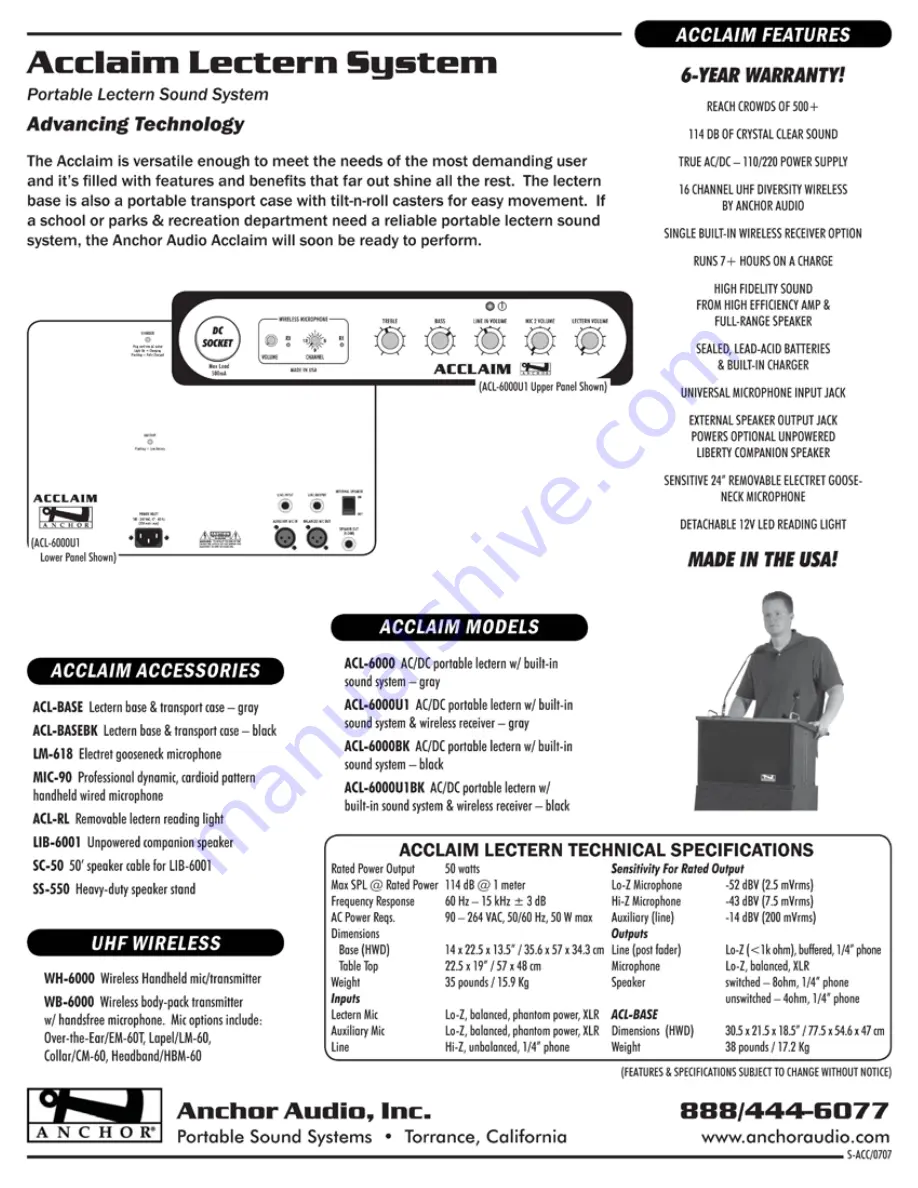 Anchor Acclaim ACL-6000U1 Specifications Download Page 2