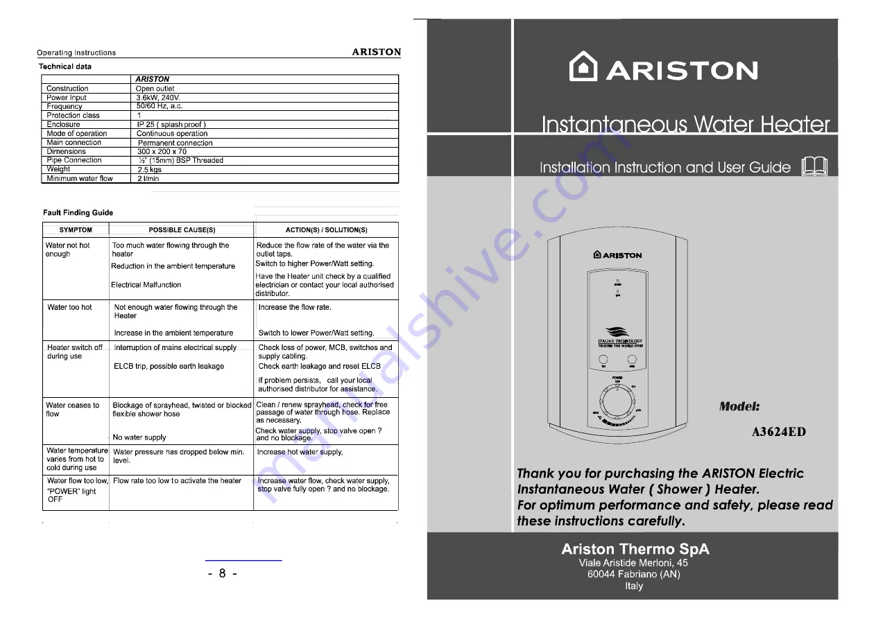 Ariston A362ED Скачать руководство пользователя страница 1