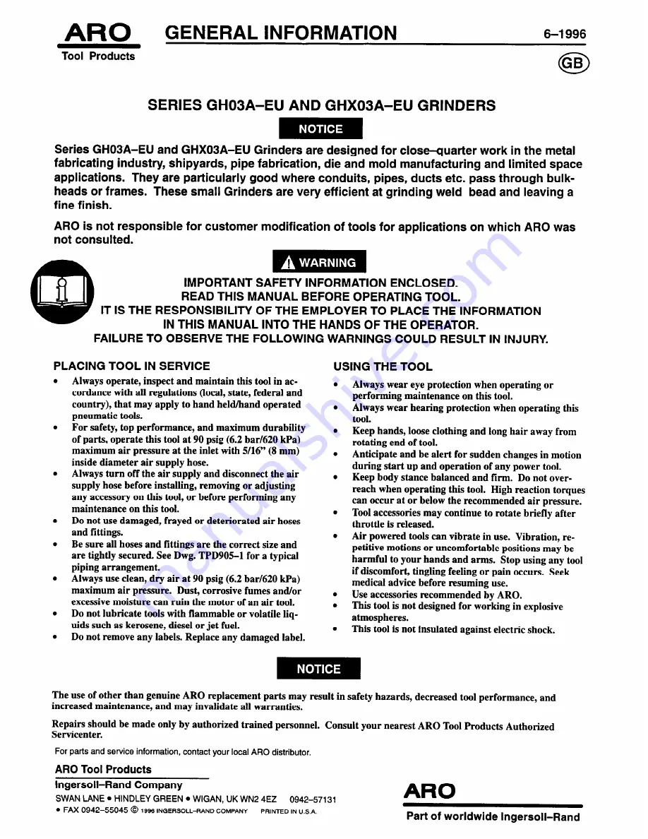 ARO GH03A Series Operator'S Manual Download Page 25