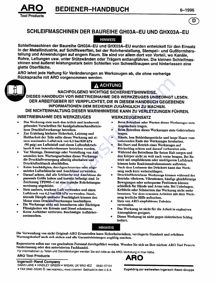 ARO GH03A Series Operator'S Manual Download Page 33