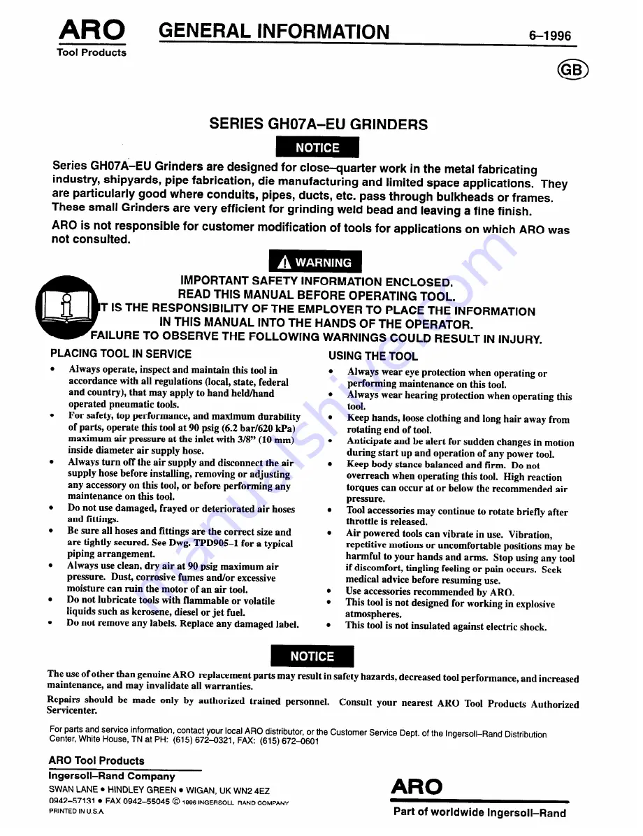 ARO GH07A Series Operator'S Manual Download Page 29