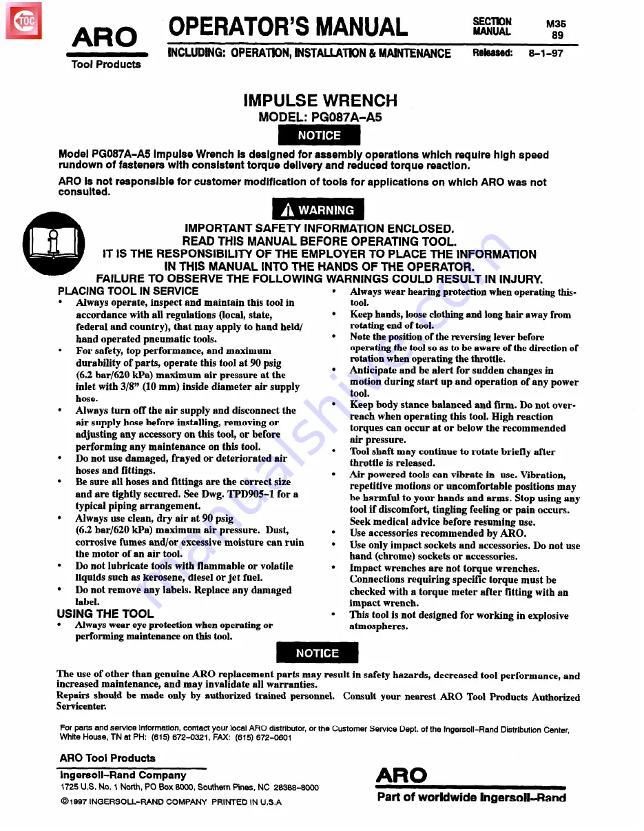 ARO PG087A-A5 Operator'S Manual Download Page 1