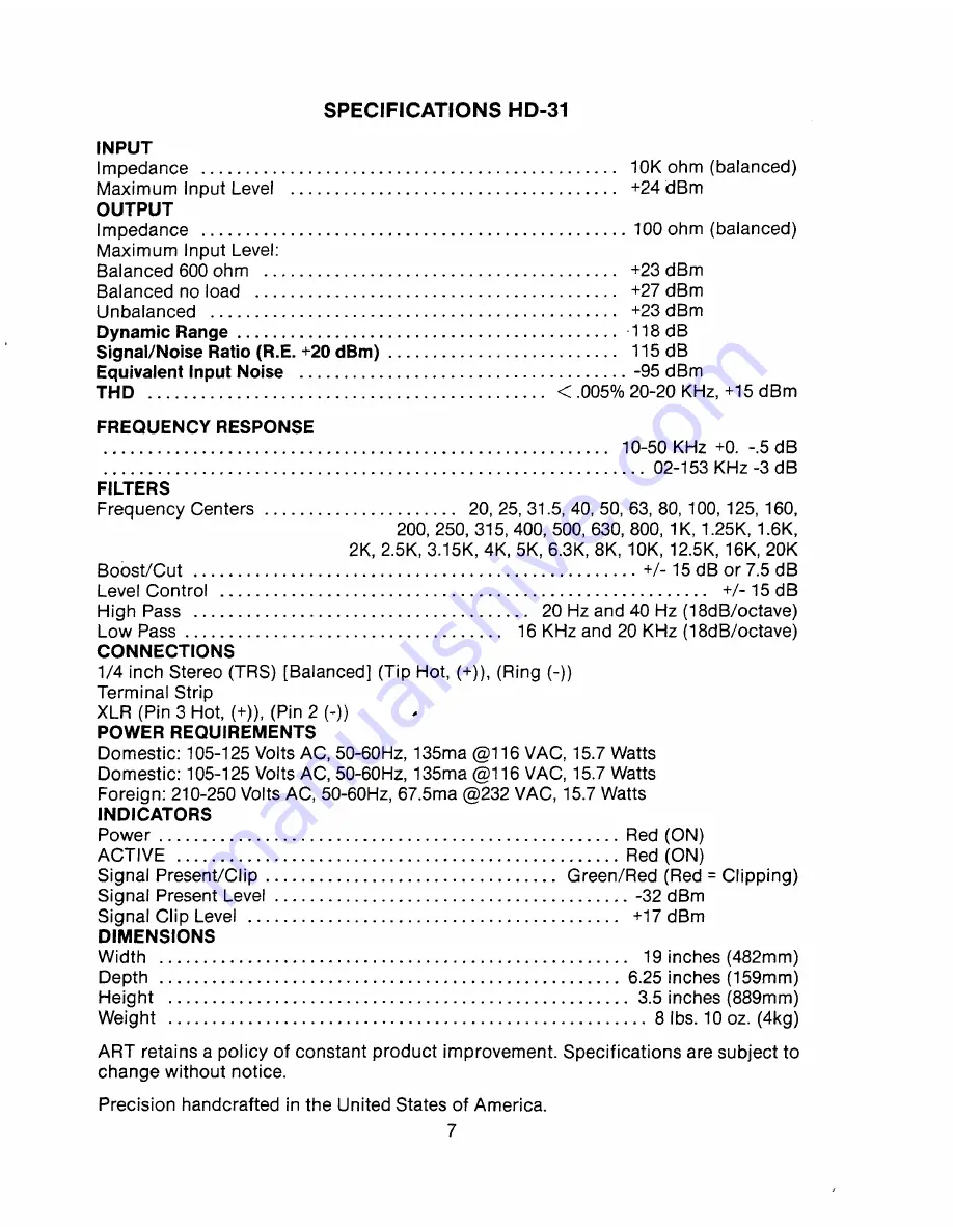 Art HD 31 Owner'S Manual Download Page 8