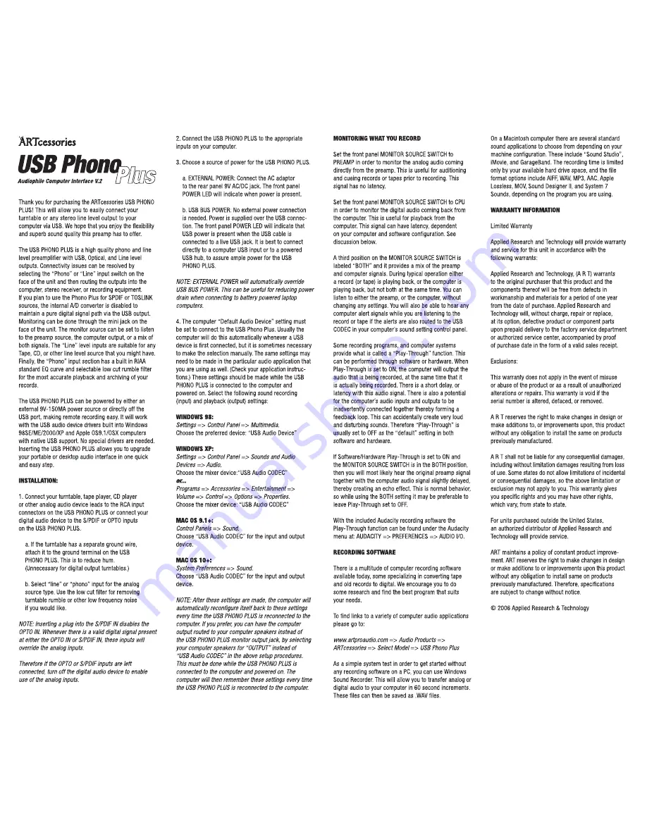 Art USB Phono Plus Manual Download Page 1