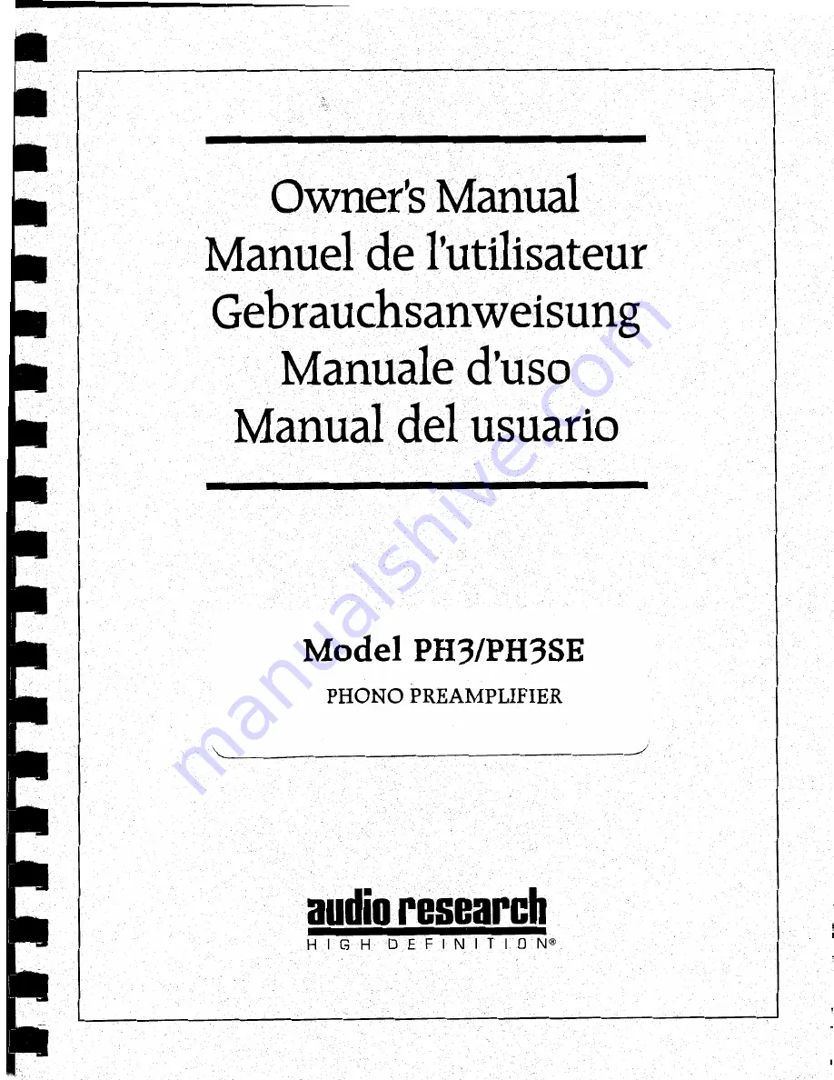 Audio Research PH3 Owner'S Manual Download Page 1