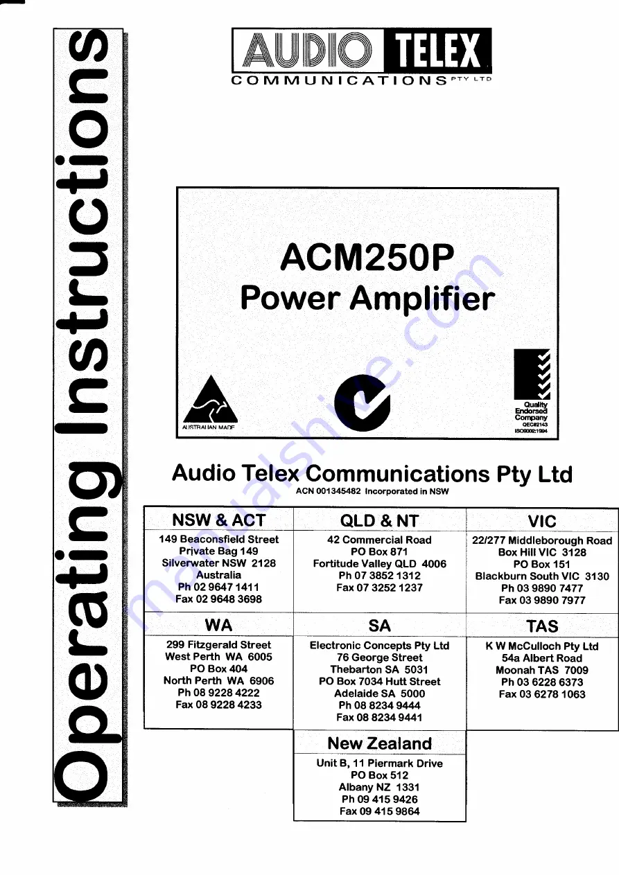 AUDIO TELEX ACM250P Скачать руководство пользователя страница 2