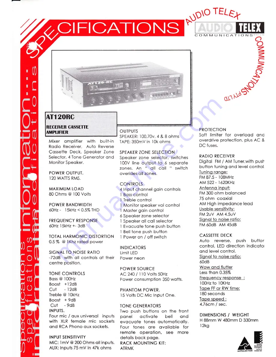 AUDIO TELEX AT120RC Скачать руководство пользователя страница 1