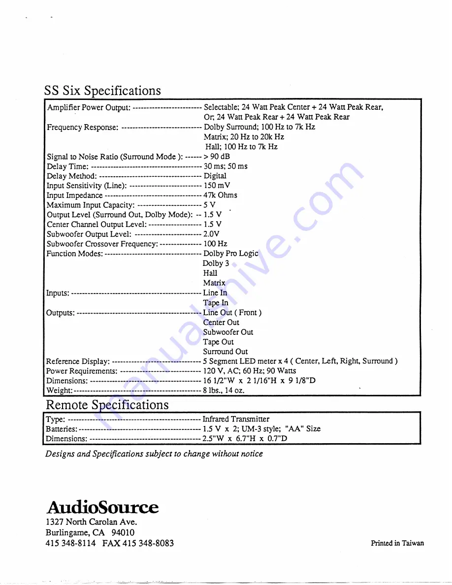 AudioSource SS Six Скачать руководство пользователя страница 6