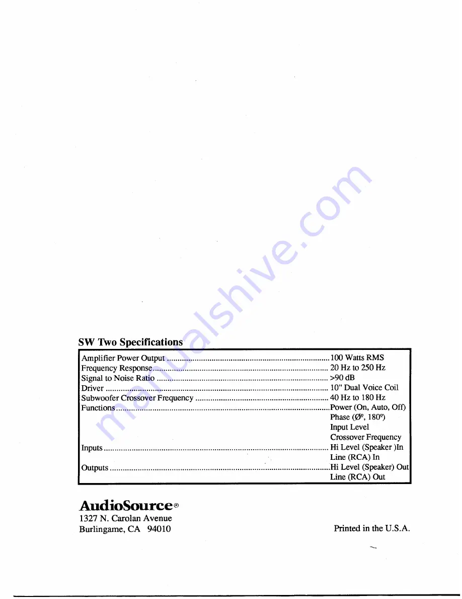 AudioSource SW Two Owner'S Manual Download Page 8