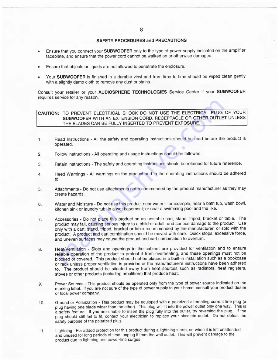 Audiosphere TECH-SUBA120 Set Up And Operating Manual Download Page 9