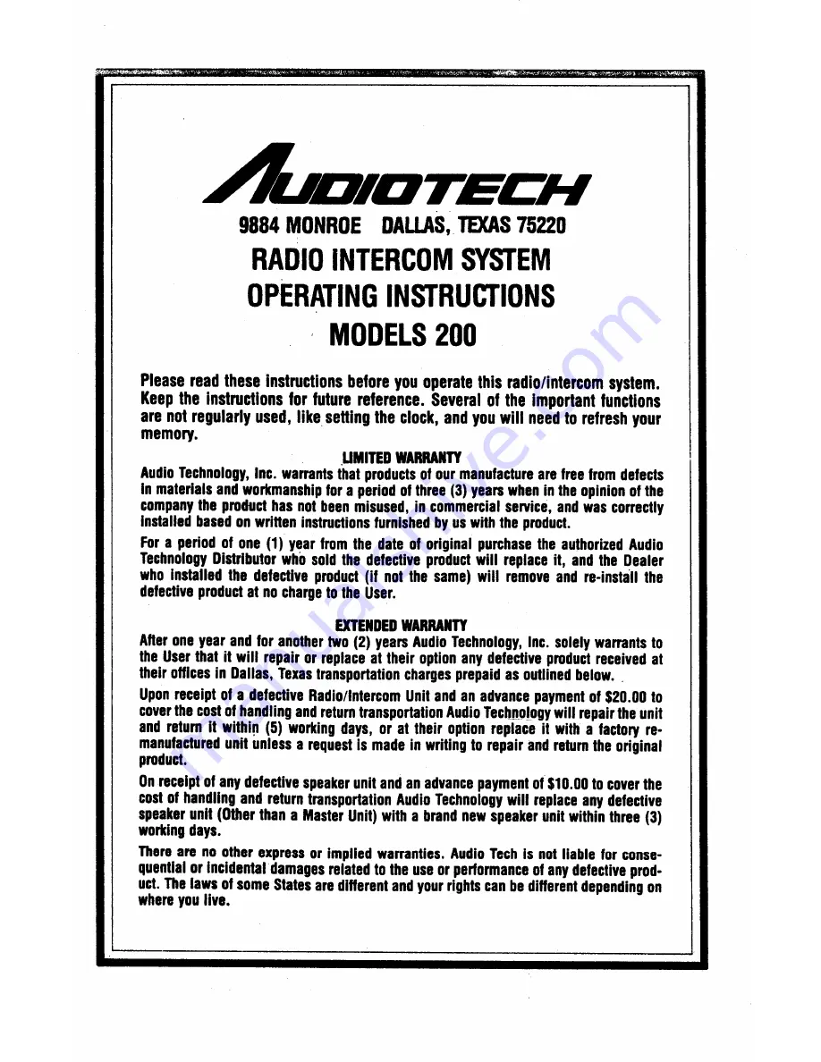 Audiotech 200 Operating Instructions Download Page 1