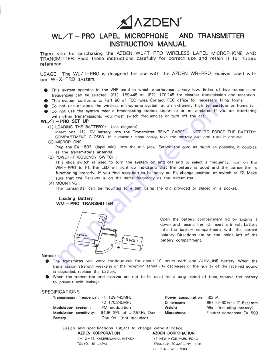 Azden WLT-PRO Instruction Manual Download Page 1