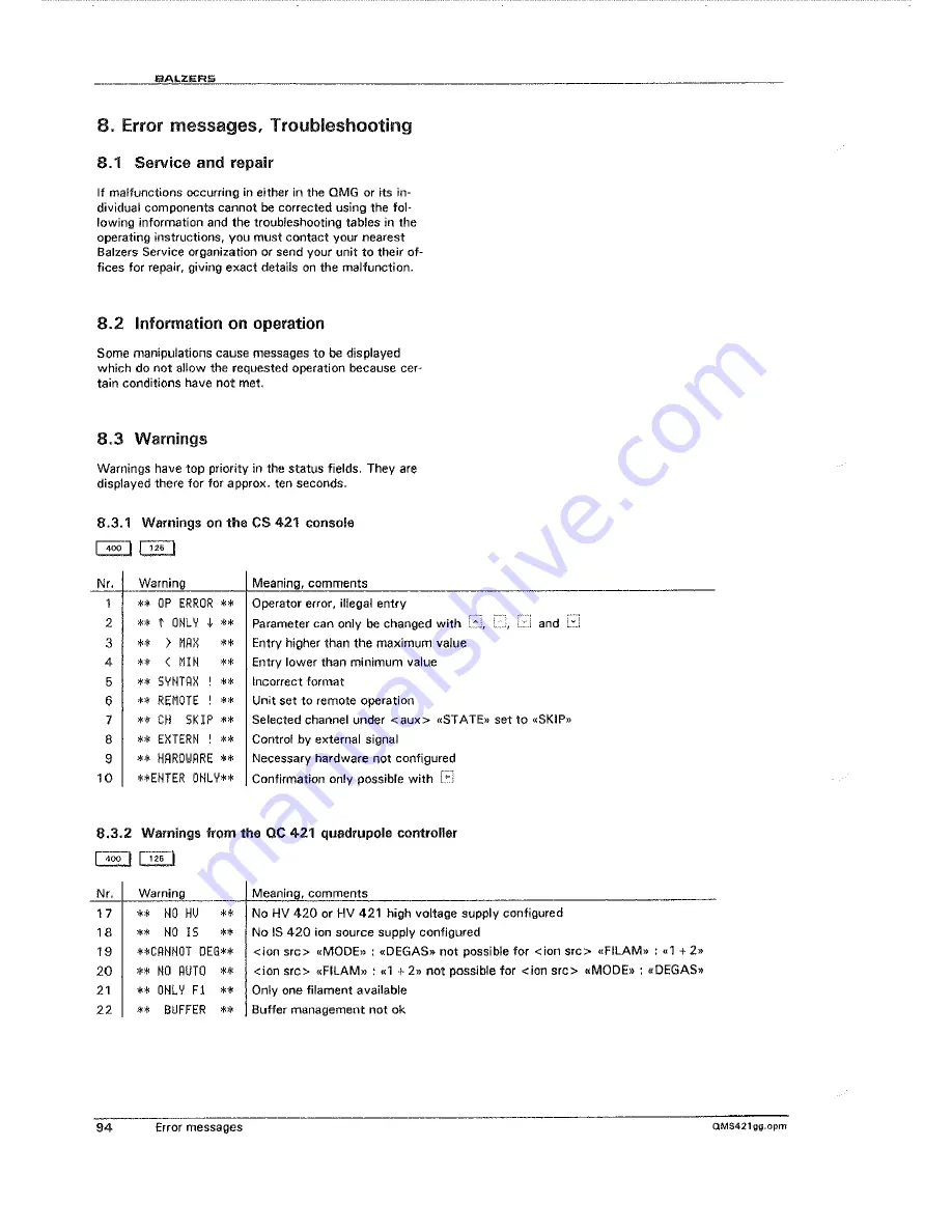 Balzers QMG421 Operating Instructions Manual Download Page 92