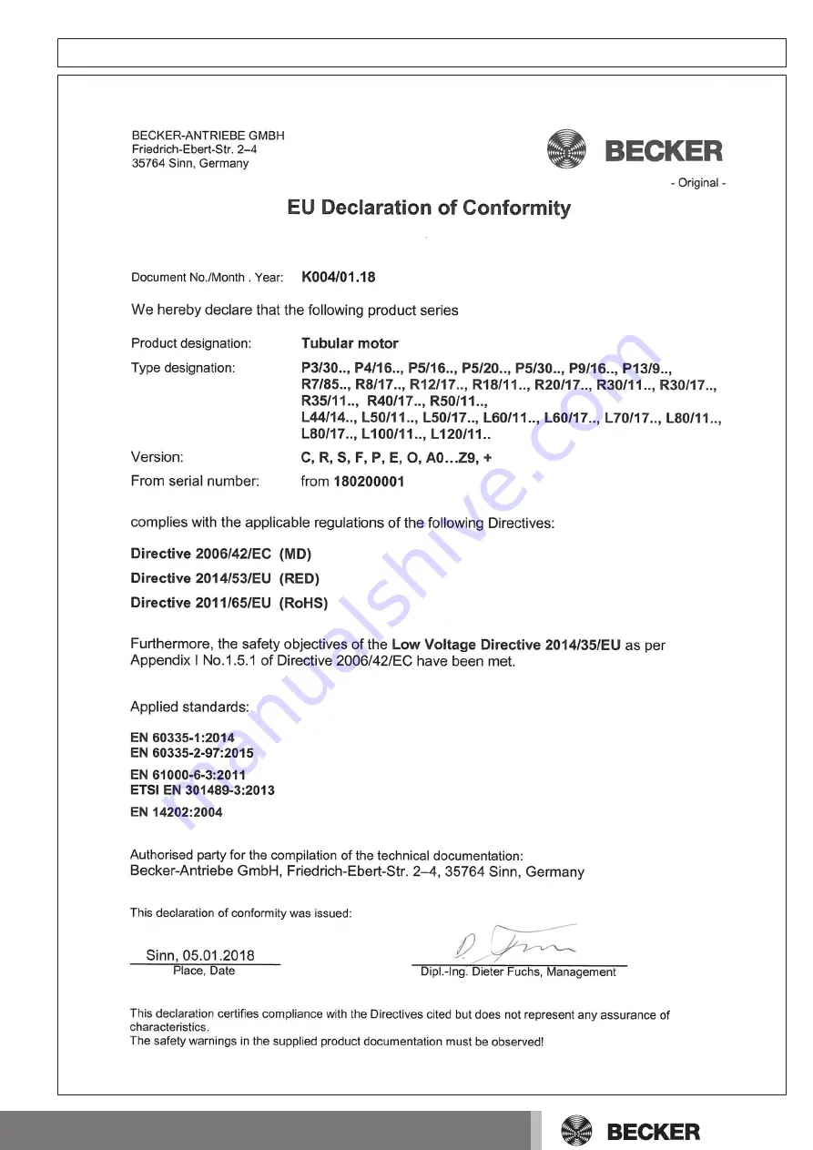 Becker C01 Assembly And Operating Instructions Manual Download Page 27