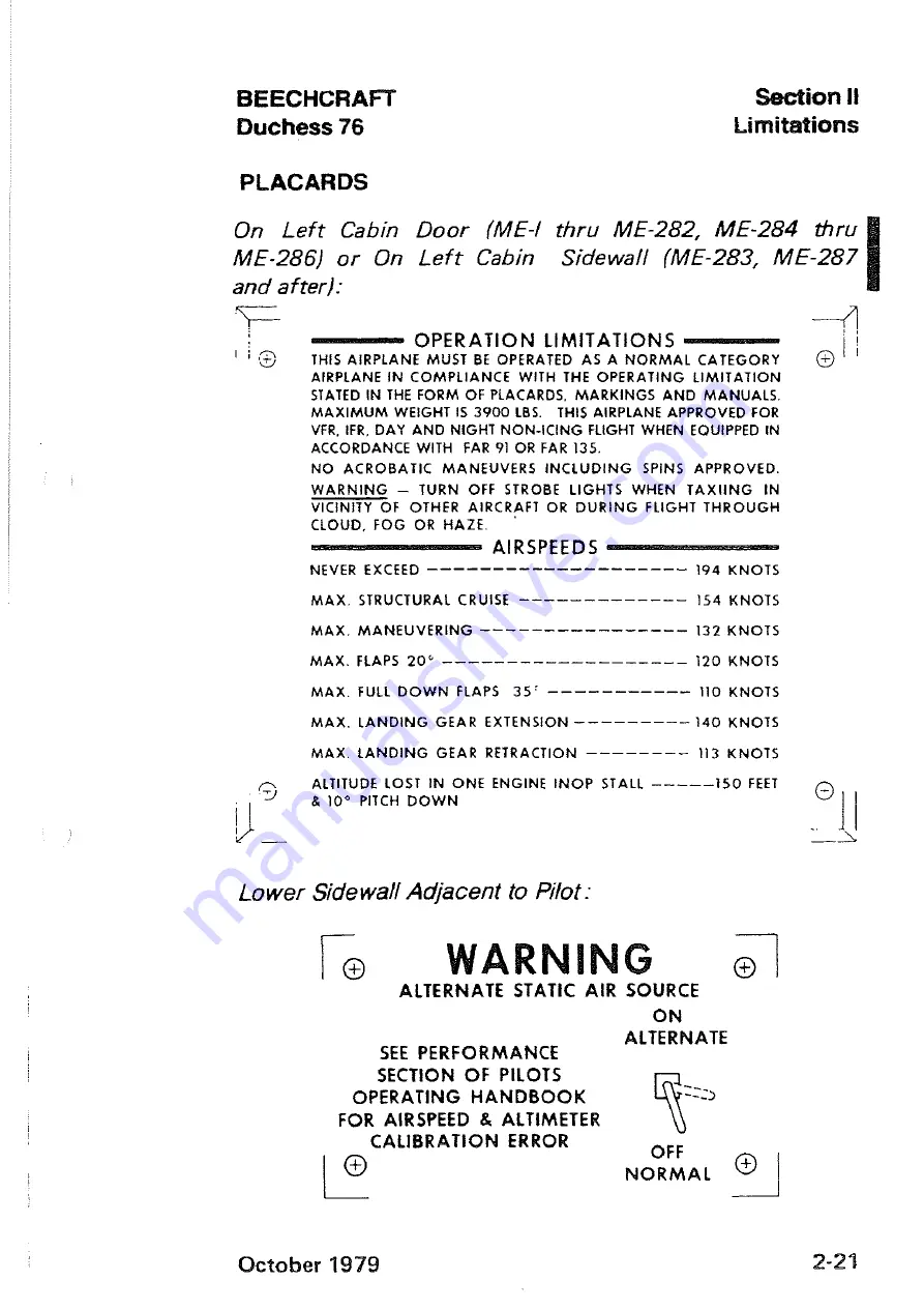 Beechcraft Duchess 76 Pilot'S Operating Handbook And Faa Approved Airplane Flight Manual Download Page 51