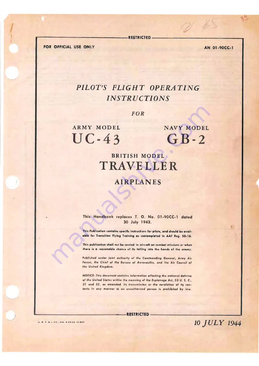 Beechcraft TRAVELLER GB-2 1944 Pilot'S Flight Operating Instructions Download Page 1