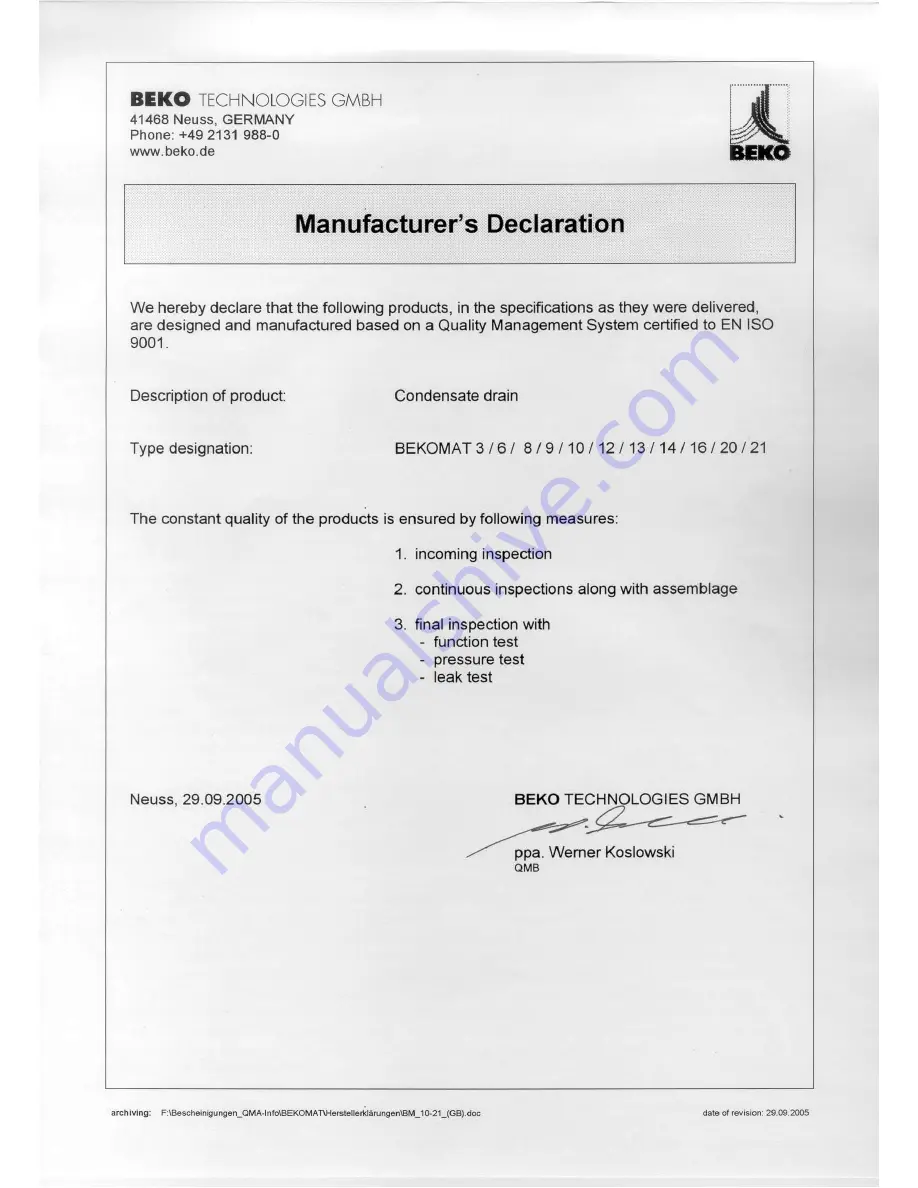 Beko Technologies BEKOMAT 20 Instructions For Installation And Operation Manual Download Page 27