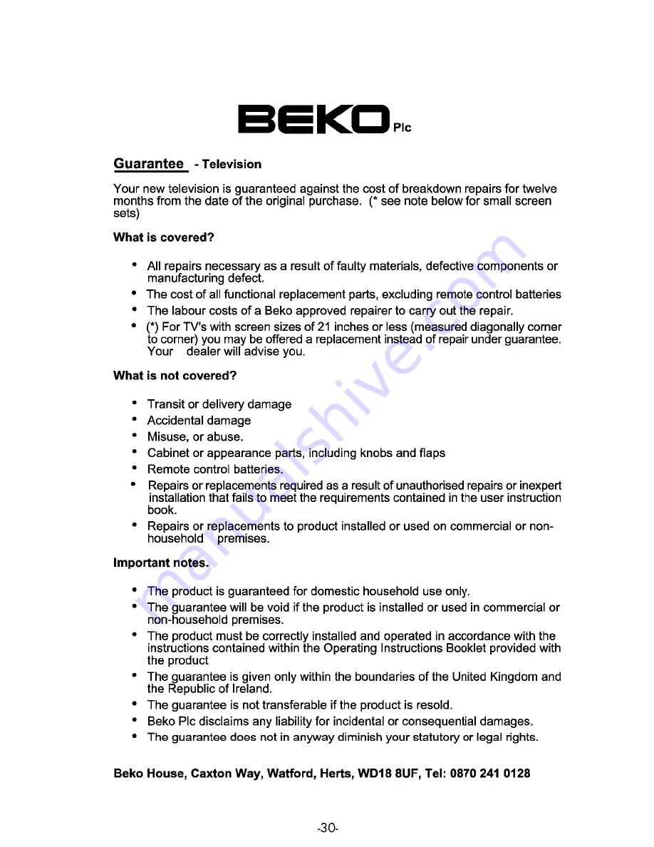 Beko 26WLA500S Operating Instructions Manual Download Page 30