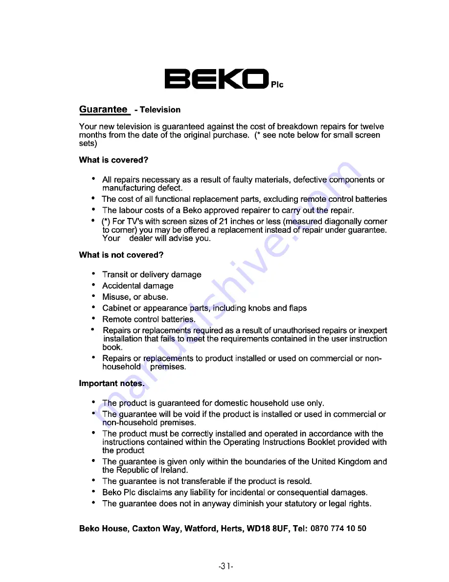 Beko 26WLK530HID Operating Instructions Manual Download Page 31