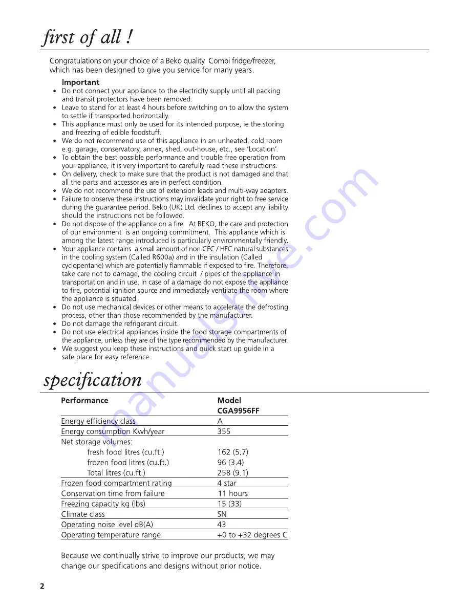 Beko CGA9956FF Installation, Operation  And Food Storage Instructions Download Page 2