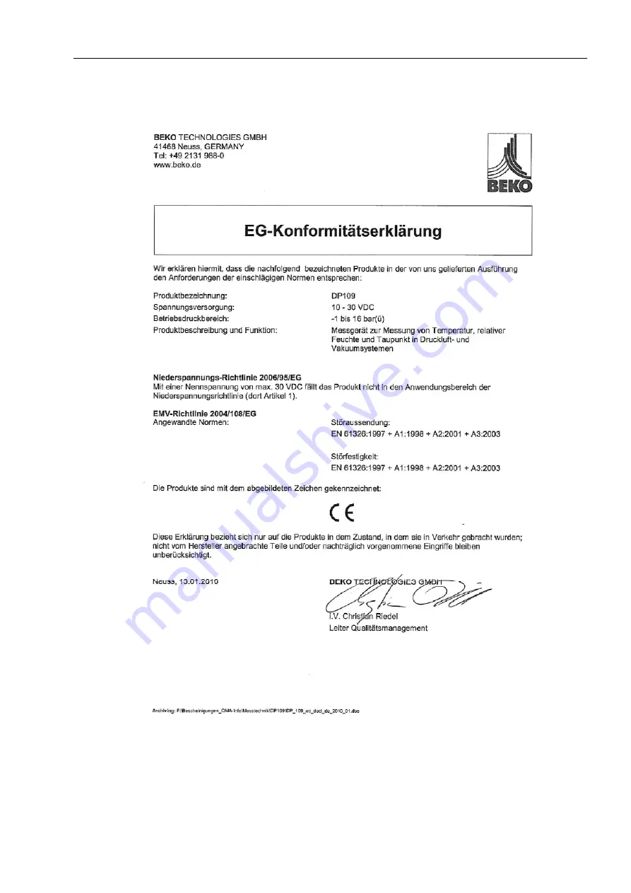 Beko DP 109 Instructions For Installation And Operation Manual Download Page 14