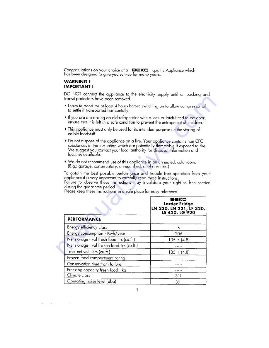 Beko LF 320 Operating Instructions Manual Download Page 1