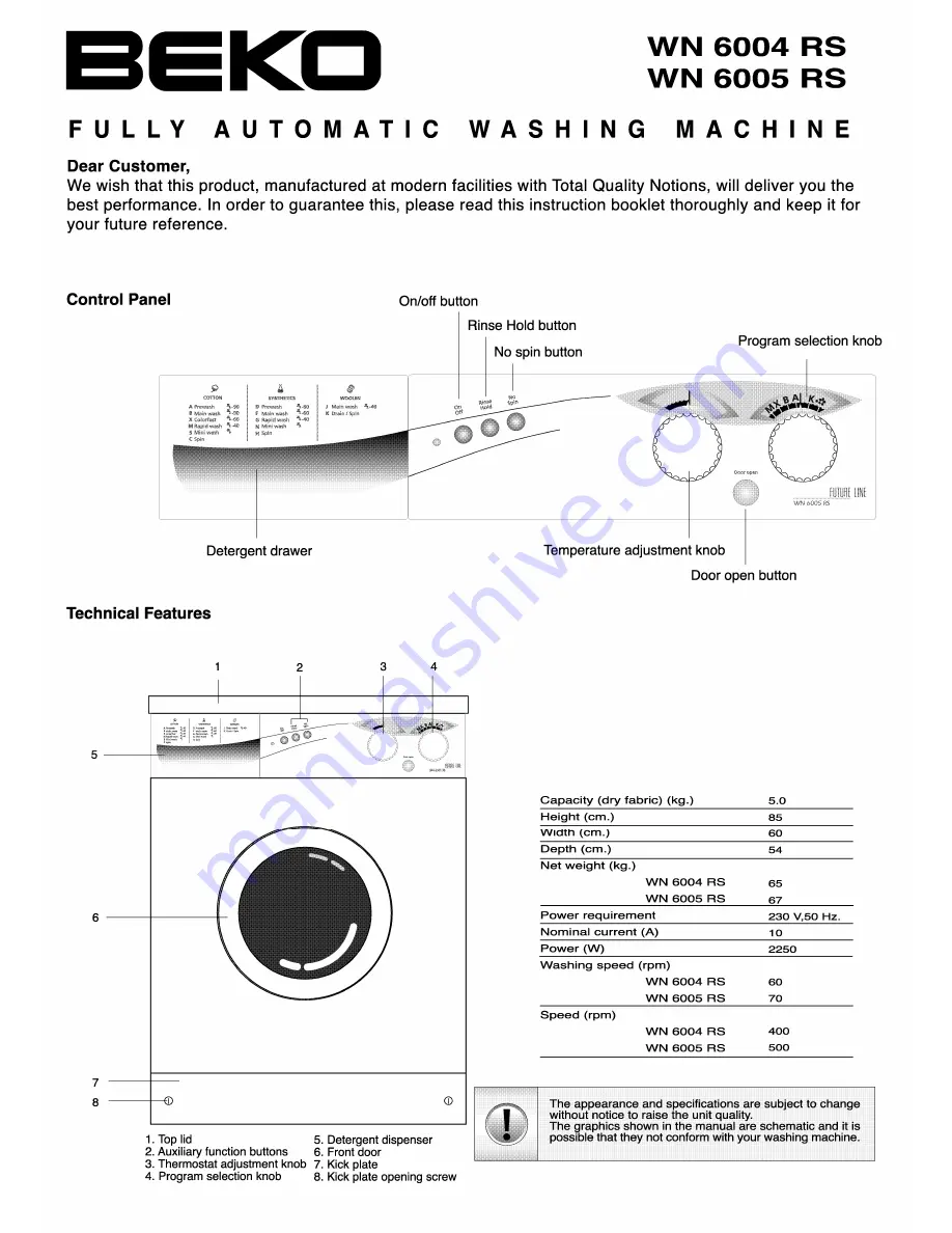 Beko WN 6004 RS Скачать руководство пользователя страница 1