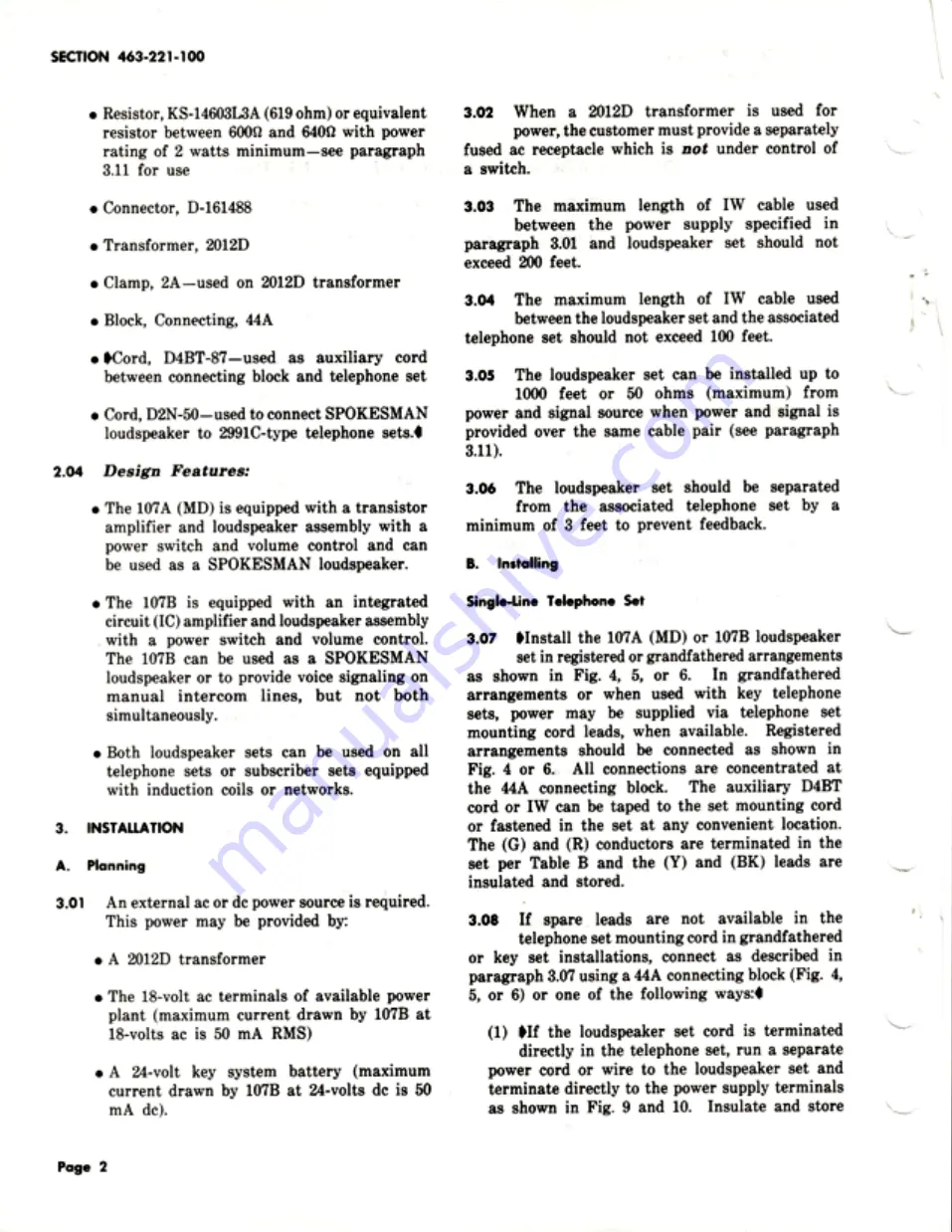 Bell System Practices SPOKESMAN 107 Series Manual Download Page 2